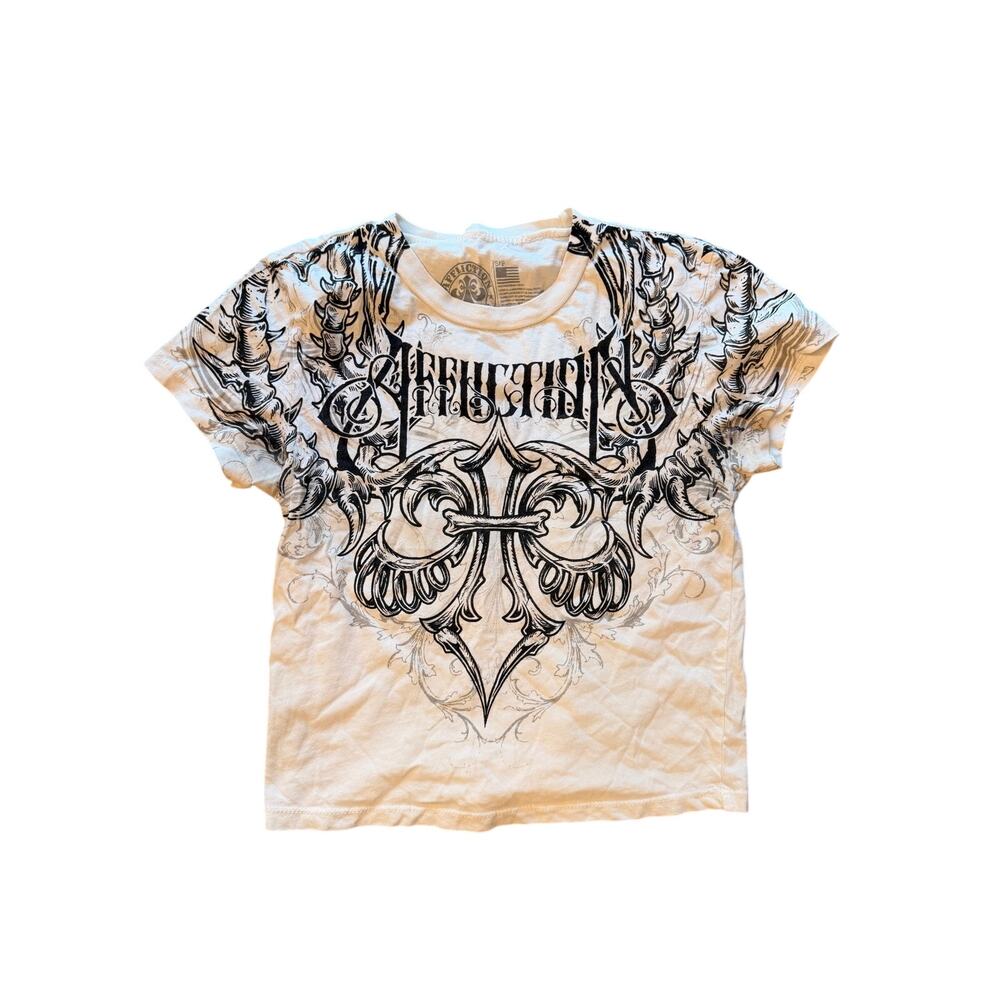 Affliction Live Fast Women's White Black Gothic Graphic Tee Small Y2K McBling